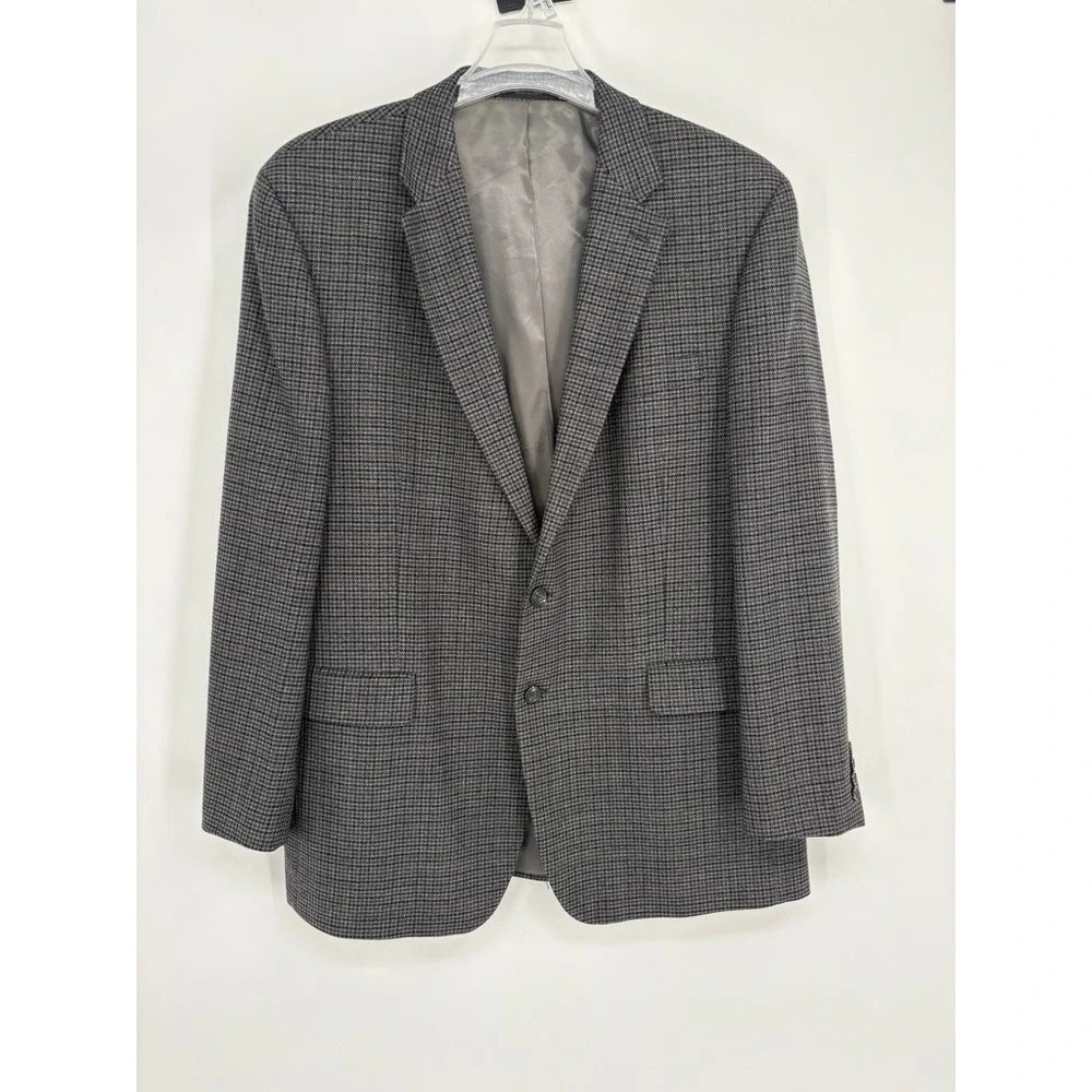 Chaps Blazer Mens 46L Grey Lambswool Houndstooth‎ Two Button Sport Coat Jacket